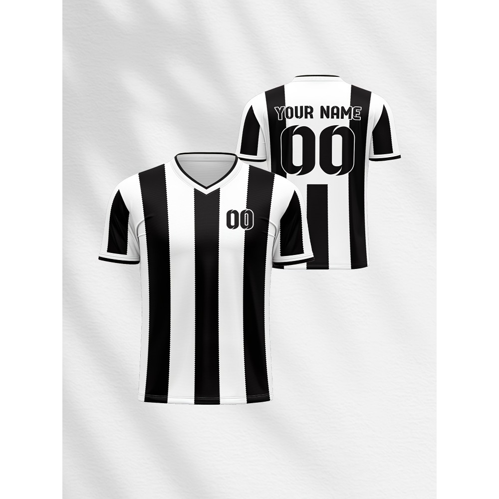 [Customizable Football Jersey] Customizable Breathable Kids' V-Neck Football Jersey | Black & White Stripes with Full-Body Print for Soccer, Sports & Casual Wear | Machine Washable, Spring/Fall, Sports Team Apparel, Comfortable Fit Shirt