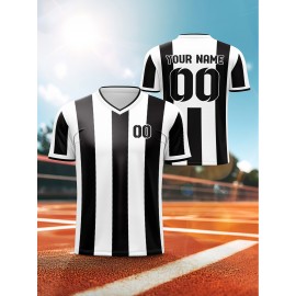 [Customizable Football Jersey] Customizable Breathable Kids' V-Neck Football Jersey | Black & White Stripes with Full-Body Print for Soccer, Sports & Casual Wear | Machine Washable, Spring/Fall, Sports Team Apparel, Comfortable Fit Shirt