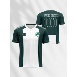 1pc Customizable Kids Soccer Jersey T-Shirt, V-Neck Polyester Knit with Full Print Design, Casual Sports Streetwear for Boys and Girls, Preppy Style for Beach, Parties, and Outdoor Activities - Spring/Summer/Autumn