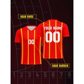 Customizable Youngsters' Soccer Jersey - V-Neck, Personalized Name & Number, Red and Yellow Striped, Comfortable Polyester, Ideal for Sports & Outdoor Activities