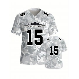 Large Size Women's Arctic Camo Kansas City #15 Polyester Football Jersey, Women V-Neck Game Day Sports Shirt With Slight Stretch, Breathable Casual Knit Fabric, Loose Fit Adult, Fans Gift Women, For Casual, Party, And Training Wear