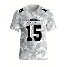 Large Size Women's Arctic Camo Kansas City #15 Polyester Football Jersey, Women V-Neck Game Day Sports Shirt With Slight Stretch, Breathable Casual Knit Fabric, Loose Fit Adult, Fans Gift Women, For Casual, Party, And Training Wear
