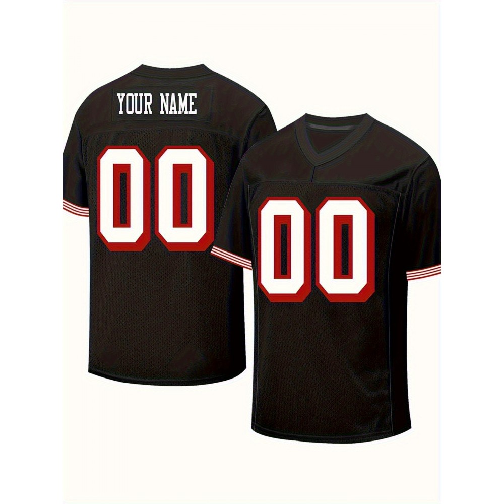 Custom V-Neck American Football Jersey - Personalized Name & Number, Embroidered Large Women'S Football Jersey, Black with Red/White Stripes & 