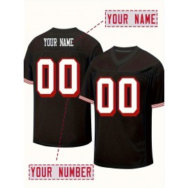 Custom V-Neck American Football Jersey - Personalized Name & Number, Embroidered Large Women'S Football Jersey, Black with Red/White Stripes & 