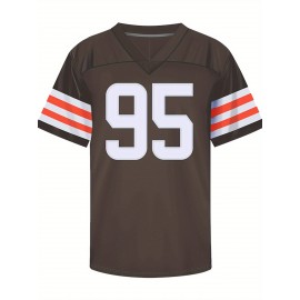 Men's Brown #95 Breathable Rugby Jersey - Embroidered American Football V-Neck Short Sleeve Shirt, Loose Fit All-Season Training & Casual Wear with Lettering Details, Machine Washable Sportswear for Men & Youths, Durable Sportswear