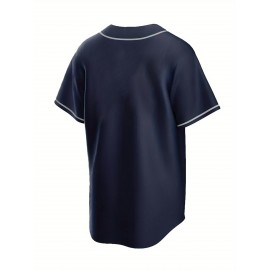 Men'S White Striped Baseball Shirt with Classic Letter Embroidery Design, Breathable Button Short Sleeved Shirt for Training And Competition