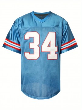 Men's #34 Embroidered Rugby Jersey - Light Blue Loose Fit V-Neck Sports Top, Breathable Polyester for Casual & Game Day, SHLUCKI