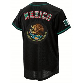 Men's Black Baseball Shirt, Classic Letter Embroidery Design, Breathable Button Style Short Sleeved Shirt, Suitable For Training And Games