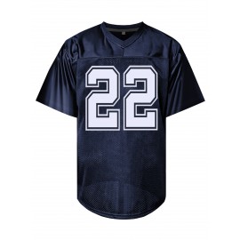 Men's Deep Blue #22 Embroidered Rugby Jacket - Breathable Loose Fit V-Neck Sportswear for Casual Streetwear, Outdoor Sports & All-Season Wear | Machine Washable, Sporty Aesthetic, Durable Sportswear