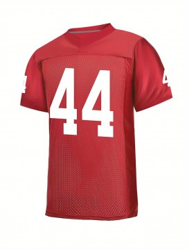 Men's Red #44 Embroidered Rugby Jersey - Loose Fit, Breathable Mesh Fabric, V-Neck Sports Top for Casual & Athletic Wear