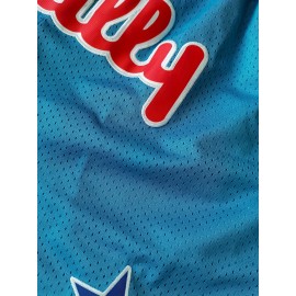 Men's Moon Blue Basketball Shorts, Classic Letter Embroidery Design, Breathable Button Style Short Sleeved Shirt, Suitable For Training And Competition