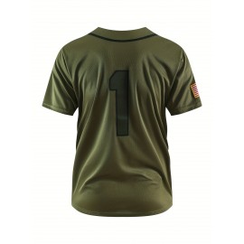 Men's Green # 1 Baseball Shirt, Classic Letter Embroidery Design, Button Style Short Sleeve Breathable Shirt, Used For Training And Competitions