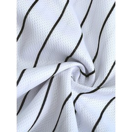 Men's white black striped green patchwork # 1 baseball shirt, classic letter embroidery design, button style short sleeved breathable shirt, used for training and competition