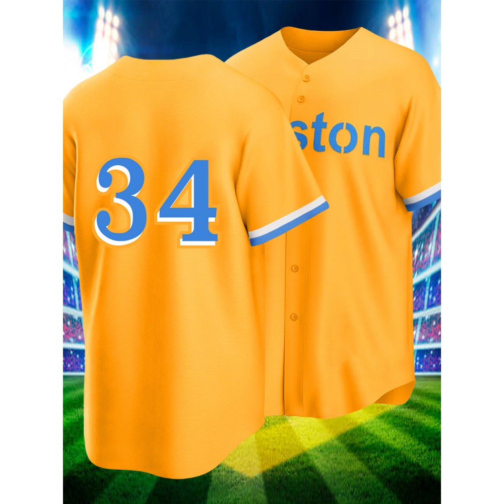 Men'S Yellow # 34 Baseball Jersey, Button Style Short Sleeved Breathable Shirt, Classic Retro High-End Letter Embroidery Design, Suitable for Training And Games