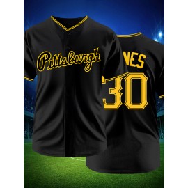 Men's Black #30 Baseball Jersey - Embroidered Pittsburgh Lettering & Number 30, Breathable Button-Up V-Neck, Loose Fit for Training, Games & Casual Wear, All-Season Sportswear for Men & Teens
