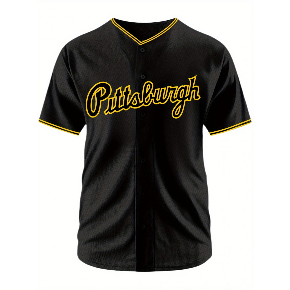 Men's Black #30 Baseball Jersey - Embroidered Pittsburgh Lettering & Number 30, Breathable Button-Up V-Neck, Loose Fit for Training, Games & Casual Wear, All-Season Sportswear for Men & Teens