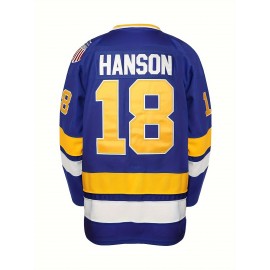 Men's Blue #18 Ice Hockey Jersey - Loose Fit Embroidered V-Neck Breathable Streetwear for All Seasons, Team Sports & Casual Outings, Machine Washable, Outdoor Activity Clothing | Sporty Aesthetic | Embroidered Detailing