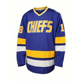 1pc SheLucki Men'S Ice Hockey Jersey - Polyester V-Neck Sweatshirt with Embroidered Lettering, Loose Fit Long Sleeve Top for Sports, Casual, Outdoor Activities - All Seasons