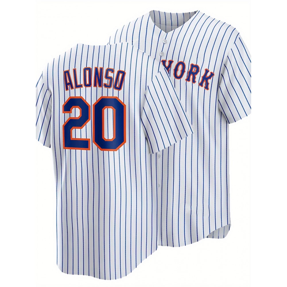Men's White & Blue Striped Baseball Shirt with ALONSO #20 Embroidery - Breathable Loose Fit V-Neck Button-Up for Casual Streetwear, Sports & Outdoor Activities - Machine Washable All-Season Comfort, Breathable Fabric