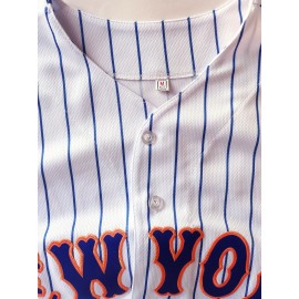 Men's White & Blue Striped Baseball Shirt with ALONSO #20 Embroidery - Breathable Loose Fit V-Neck Button-Up for Casual Streetwear, Sports & Outdoor Activities - Machine Washable All-Season Comfort, Breathable Fabric