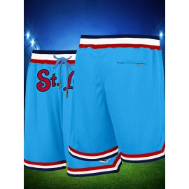 Men's Moon Blue Basketball Shorts with Embroidered ST.L Letter Design, Breathable Button-Style Waistband, Loose Fit for Training, Competition & Casual Wear - All-Season Athletic Shorts for Men & Teens, Sports Shorts, Adjustable Drawstring Waist