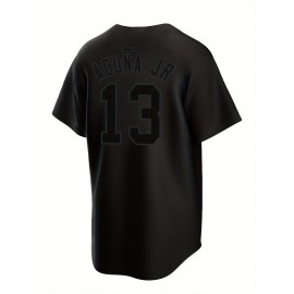 Men'S Black # 13 Baseball Shirt, Classic Letter Embroidery Design, Breathable Button Style Short Sleeved Shirt, Suitable for Training And Games