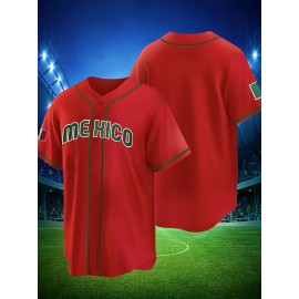 Men'S Polyester Baseball Jersey, Embroidered 'MEXICO' Lettering, V-Neck, Slight Stretch, Loose Fit, for Casual & Athletic Wear, Four Seasons Sports Shirt for Adults & Teens