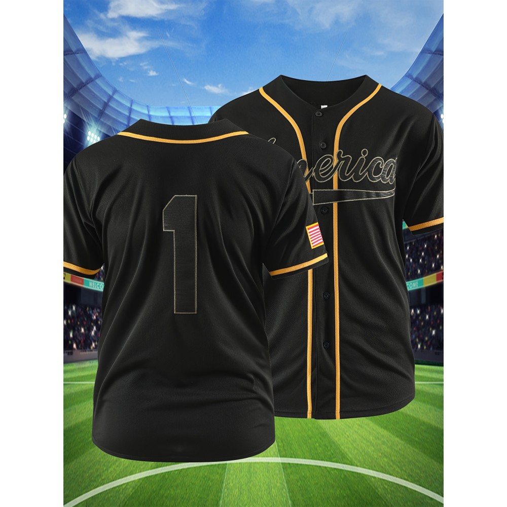 Men's #1 Black Baseball Jersey - Classic Embroidered Letter Design, Breathable Button-Up Short Sleeve Shirt for Training & Competition
