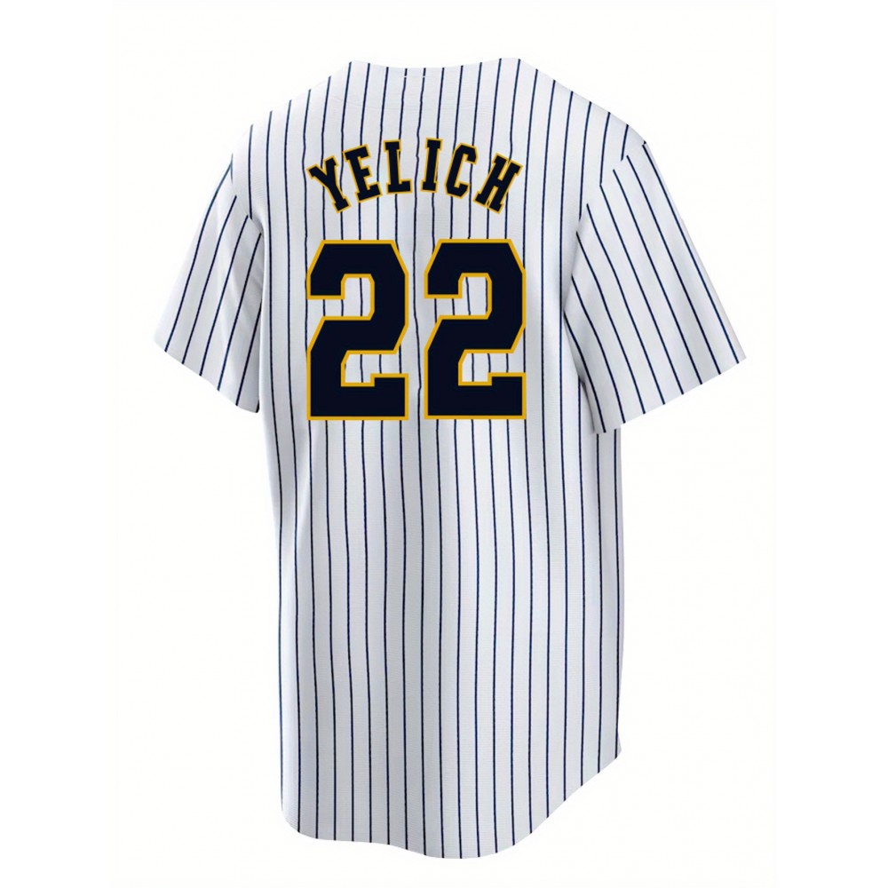 Men'S White Blue Stripe # 22 Baseball Jersey, Button Style Short Sleeved Breathable Shirt, Casual Loose Classic Letter Embroidery Design, Suitable for Training And Games