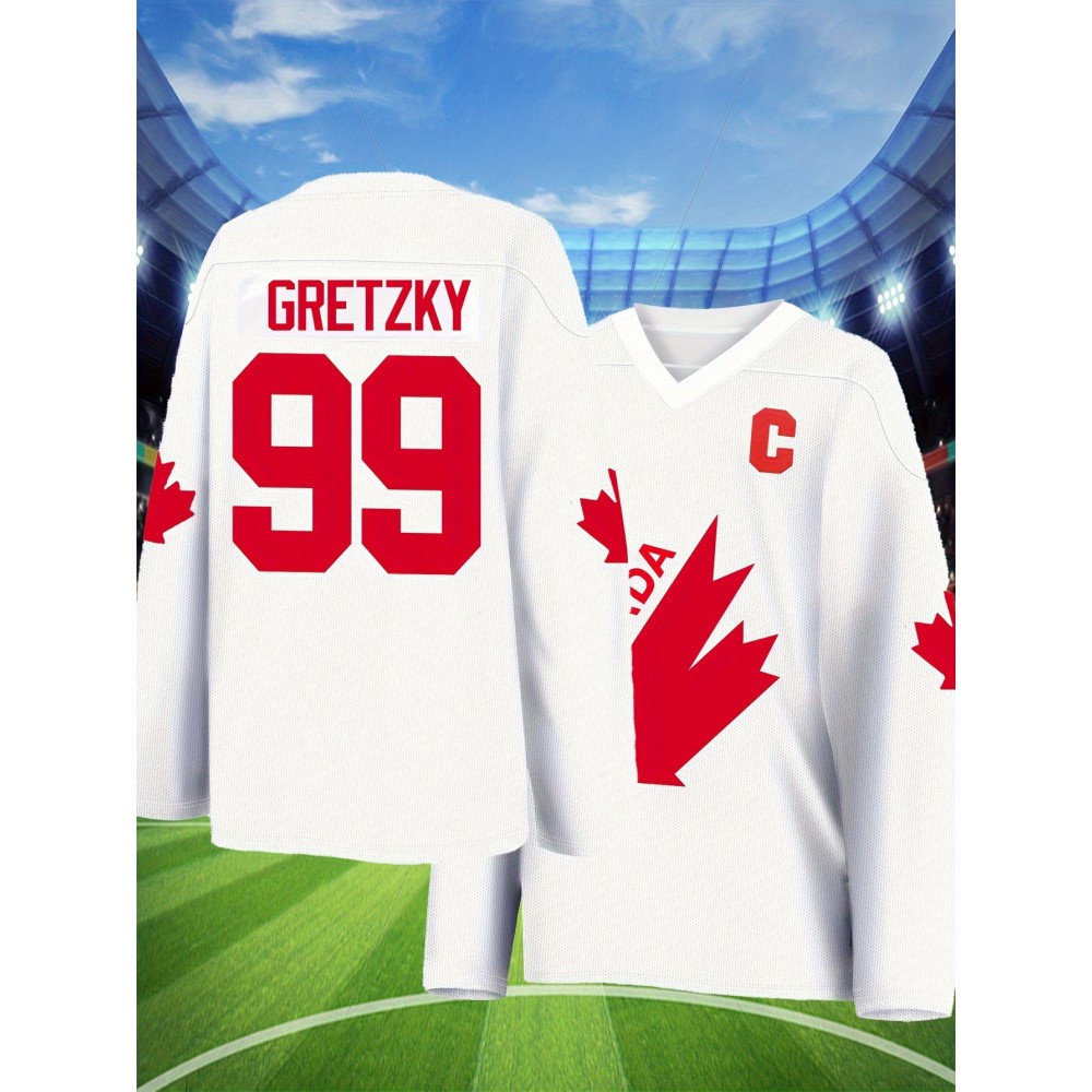 Men's White # 99 Ice Hockey Sweatshirt, Loose Embroidered Long Sleeves, Sporty, Fashionable And Casual, Breathable On The Street