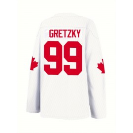Men's White # 99 Ice Hockey Sweatshirt, Loose Embroidered Long Sleeves, Sporty, Fashionable And Casual, Breathable On The Street