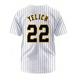 Men's White & Yellow Stripe #22 Baseball Jersey - Breathable Button-Up V-Neck, Loose Fit Retro Embroidered YELICH Design, All-Season Training & Game Shirt for Men & Teens, Machine Washable, Casual Wear | Vintage Sporty Look | Embroidered Detailing