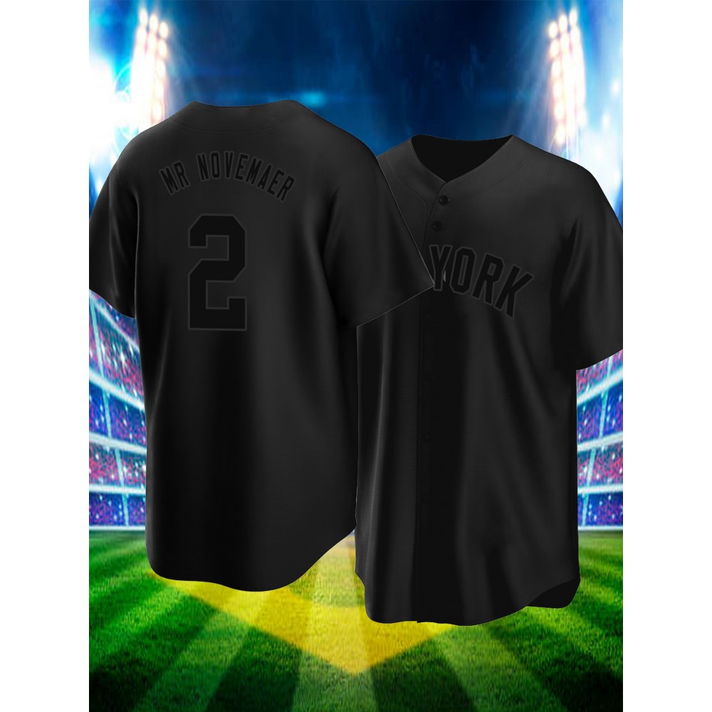 Men's Black #2 Baseball Jersey - Classic Embroidered Letter Design, Breathable Button-Up V-Neck Shirt, Loose Fit for Training, Competition & Casual Wear | All-Season Sportswear for Men & Teens, Comfortable Athletic Wear