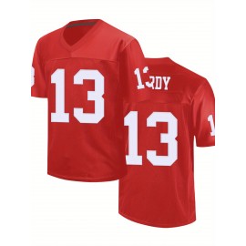 Men's Red #13 Embroidered Rugby Jersey - Loose Fit Breathable V-Neck Top for Sports, Casual & Streetwear | All-Season Machine Washable Athletic Shirt for Men & Teens, Outdoor Activity Apparel, Sporty Look, Comfortable Fit