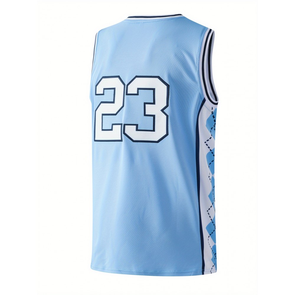 Men'S Diamond Checkered Blue # 23 Basketball Shirt, Casual, Fashionable, Breathable, High-Quality Embroidered Street Basketball Pullover for Sports
