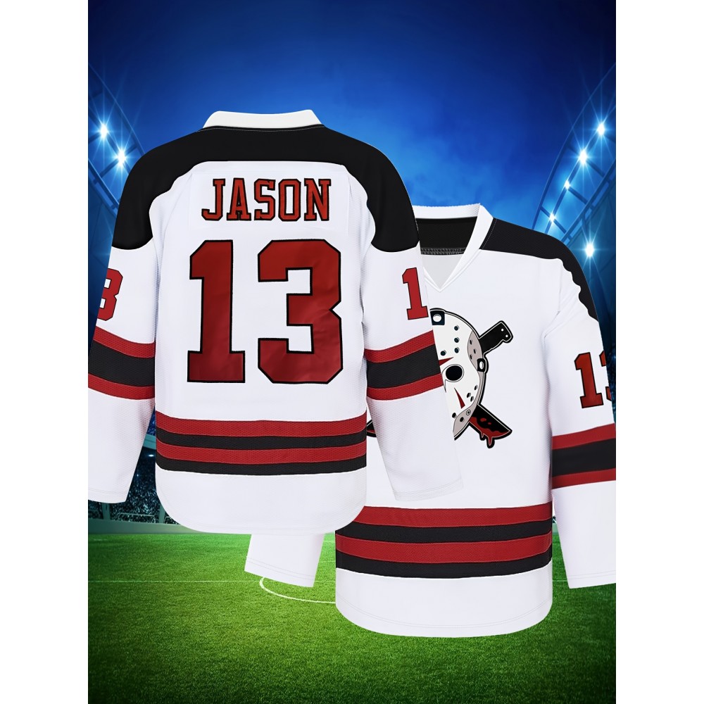 Men's #13 Jason Embroidered Ice Hockey Jersey - White & Red Striped Retro Classic V-Neck Sweatshirt, Breathable Polyester, Perfect for Sports, Casual Streetwear & Fan Events, Hockey Stocking Stuffers