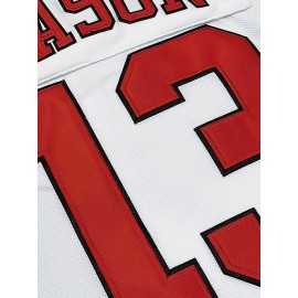 Men's #13 Jason Embroidered Ice Hockey Jersey - White & Red Striped Retro Classic V-Neck Sweatshirt, Breathable Polyester, Perfect for Sports, Casual Streetwear & Fan Events, Hockey Stocking Stuffers