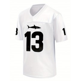 Men'S White # 13 Rugby Shirt with Loose Embroidered Sports, Fashionable, Casual, Street Breathable Rugby Top