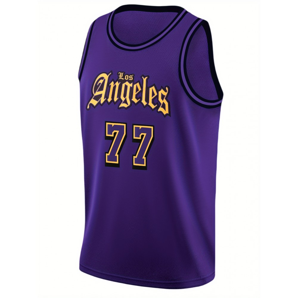 Men's Purple #77 Basketball Jersey - Embroidered DONČ & Los Angeles Letters, Breathable Loose Fit Sportswear for All Seasons, Casual Streetwear & Outdoor Activities, Machine Washable Round Neck Pullover, Basketball Shirt