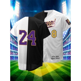Men'S Black And White # 8-24 Baseball Shirt, Classic Letter Embroidery Design, Button Style Short Sleeved Breathable Shirt, for Training And Competition Use