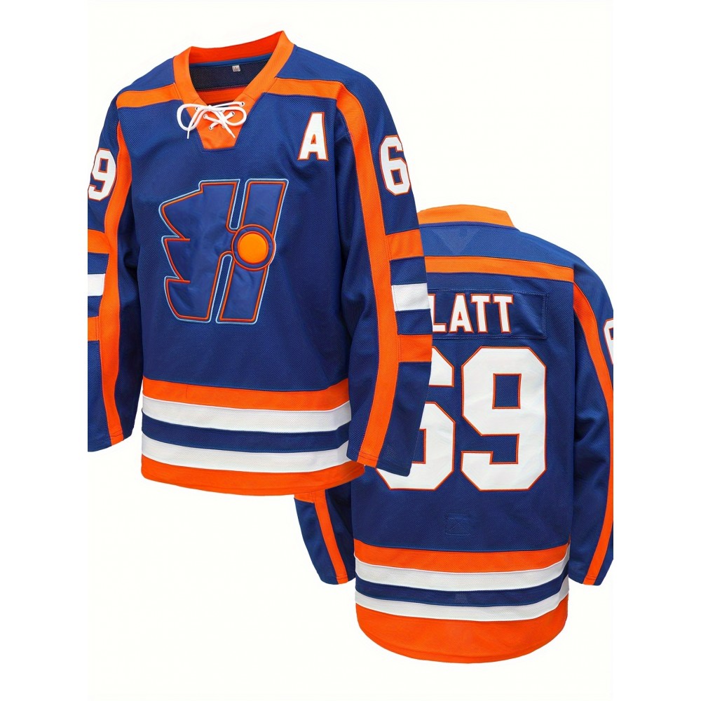 Men's #69 Blue & Orange Ice Hockey Jersey - Embroidered Long Sleeve, Loose Fit V-Neck, Breathable Polyester Fabric for Sports, Casual Wear, and Team Activities, Novelty Hockey Shirt | Embroidered Sports Top | Comfortable Fit, Hockey Stocking Stuffers