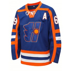 Men's #69 Blue & Orange Ice Hockey Jersey - Embroidered Long Sleeve, Loose Fit V-Neck, Breathable Polyester Fabric for Sports, Casual Wear, and Team Activities, Novelty Hockey Shirt | Embroidered Sports Top | Comfortable Fit, Hockey Stocking Stuffers