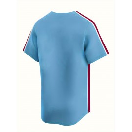 Men'S Moon Blue Baseball Shirt, Classic Letter Embroidery Design, Button style Short Sleeve Breathable Shirt, Training and Competition Category: Men'S Baseball Shirt