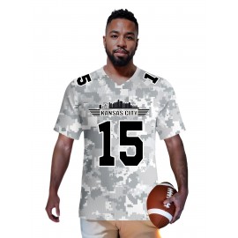 Men'S Arctic Camo Kansas City #15 Polyester Football Jersey, Men V-Neck Sports Shirt With Slight Stretch, Breathable Casual Knit Fabric For All Seasons, Loose Fit Adult, Fans Gift Men, For Training Competition Festival Party Outdoor Sports