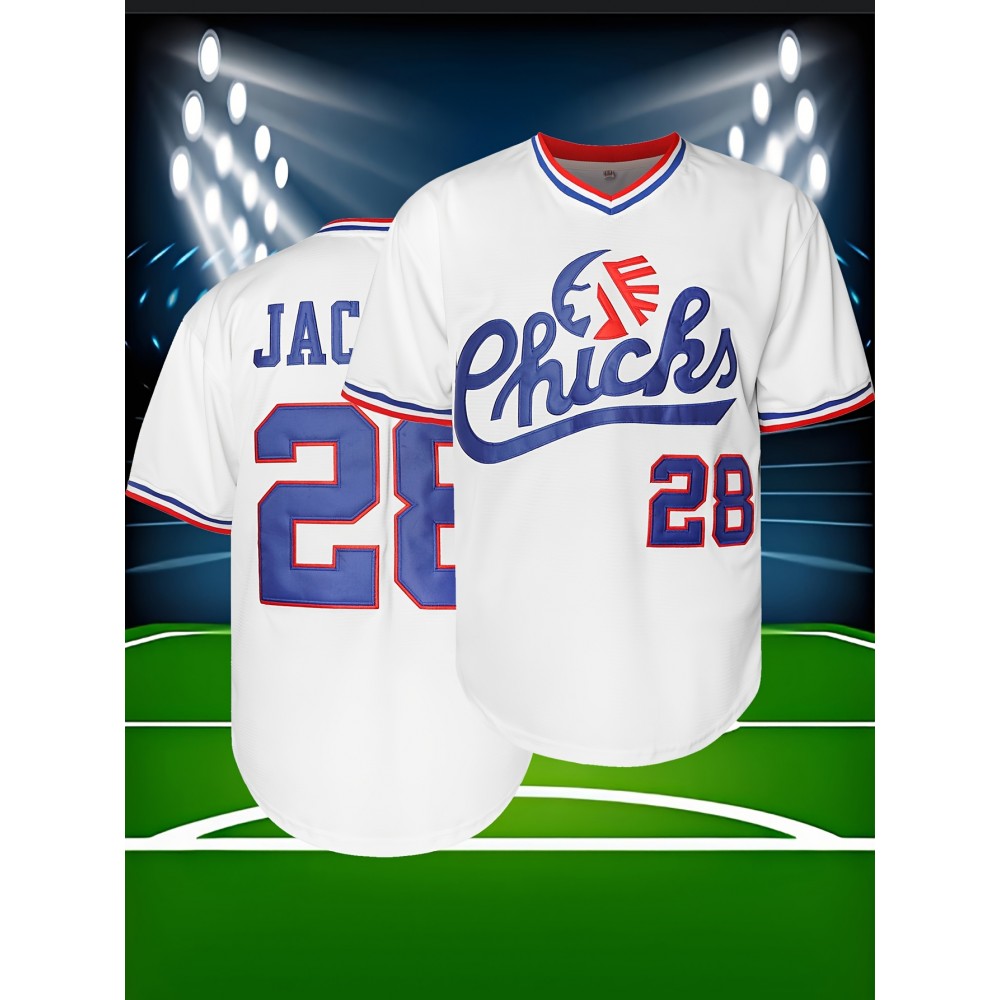 Men's #28 White Baseball Jersey - Breathable Embroidered Polyester, V-Neck & Button Closure, Loose Fit for Team Sports, Casual Outings, and Training, Sizes S-XXXL