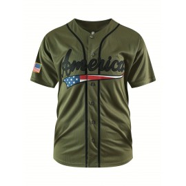 Men's Army Green #1 Baseball Jersey Loose Embroidery Sporty, Fashionable, Casual, Breathable On The Street