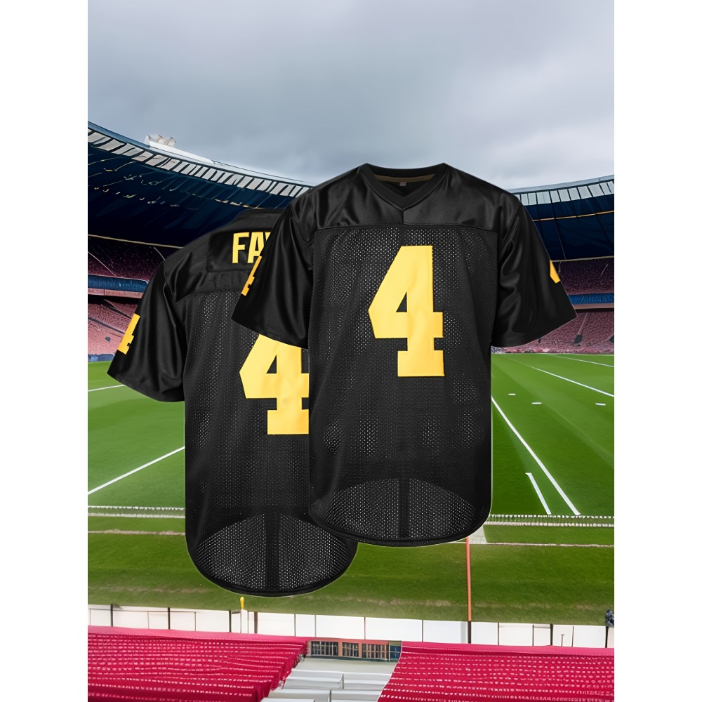 Men's Black Embroidered #4 American Football Shirt, Polyester Knit, V-Neck, Machine Washable - Sizes S-XXXL