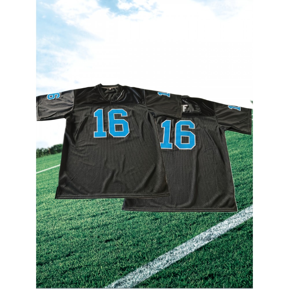 Men'S American Football Top # 16 Black Football Jacket Breathable V-neck Embroidered Polyester Loose Fabric