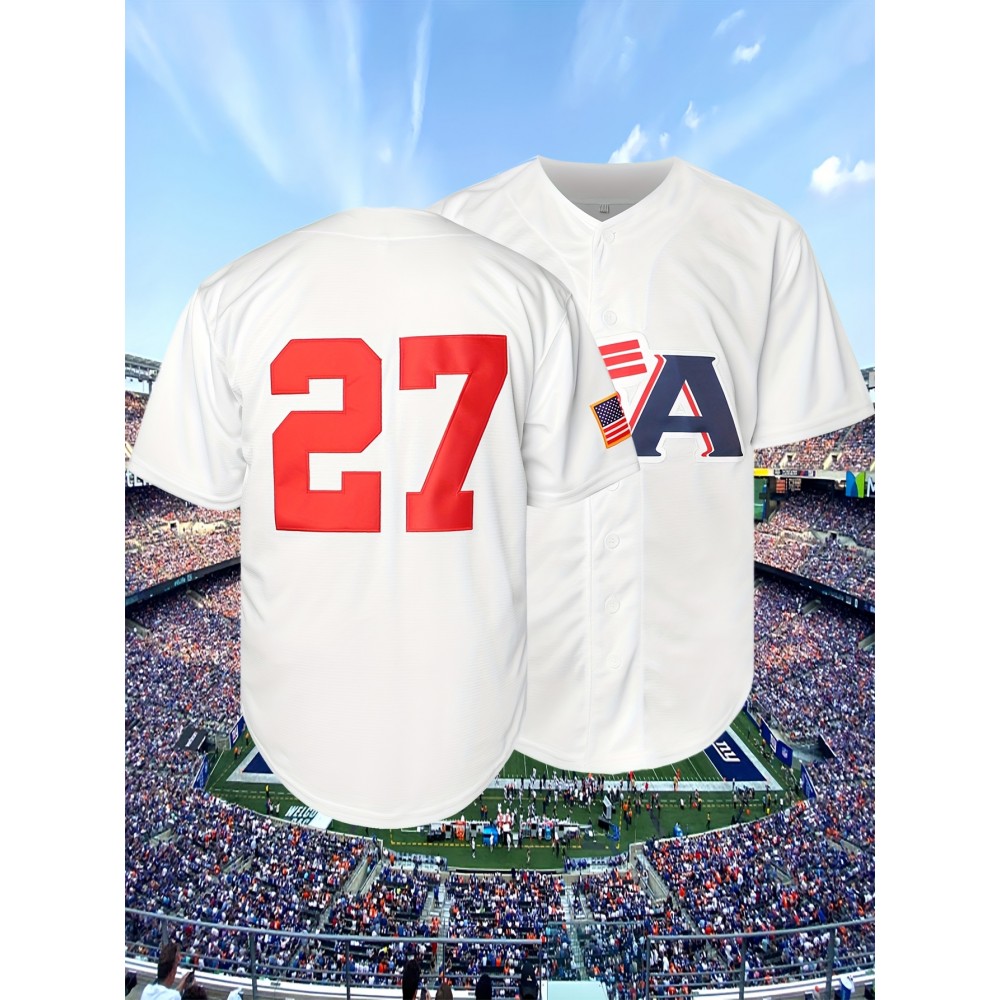 [Casual Style] Men's #27 White Baseball Jersey - Breathable V-Neck, Loose Fit with 