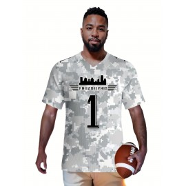 Men's Arctic Camo Philadelphia #1 Polyester Football Jersey, Men V-Neck Sports Shirt With Slight Stretch, Breathable Casual Knit Fabric For All Seasons, Loose Fit Adult, Fans Gift Men, For Training Competition Festival Party Outdoor Sports